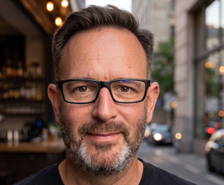 Porträt vor einem Café Mann mit Brille vor einem Café