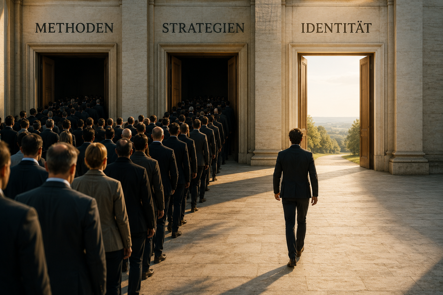 Illustration mit Personen vor Türen mit den Beschriftungen Methoden, Strategien und Identität