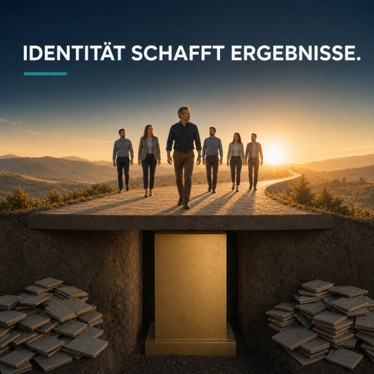 Identität schafft Ergebnisse Grafik mit der Aufschrift Identität schafft Ergebnisse und Personen auf einem Weg