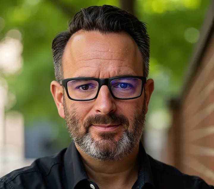 Mann mit Brille vor einem grünen Hintergrund