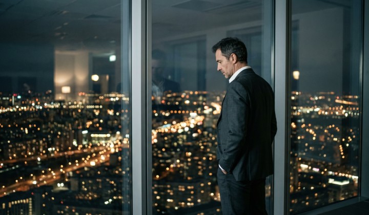 Mann im Anzug vor einem Fenster mit Blick auf eine Stadt bei Nacht