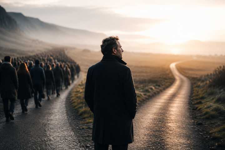 Illustration einer Personengruppe mit einer Person auf einem Weg